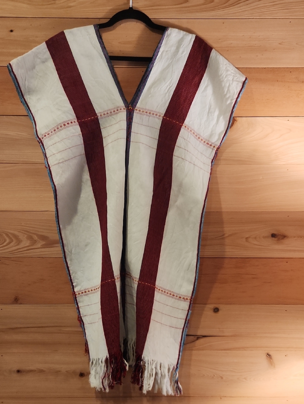 Handwoven Ethnic Poncho with Deep Red Stripes